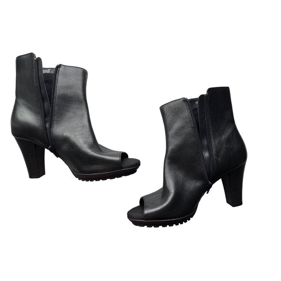 Aerosoles Mirage Leather Black Peep Toe Boots Buckles Side Zip 3" Heel Size 9.5 - Picture 3 of 9